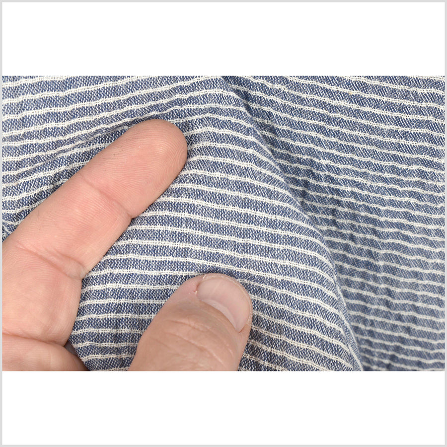 Pinstripe cotton and linen crepe fabric, lightweight blue with off-white stripes, per yard PHA98