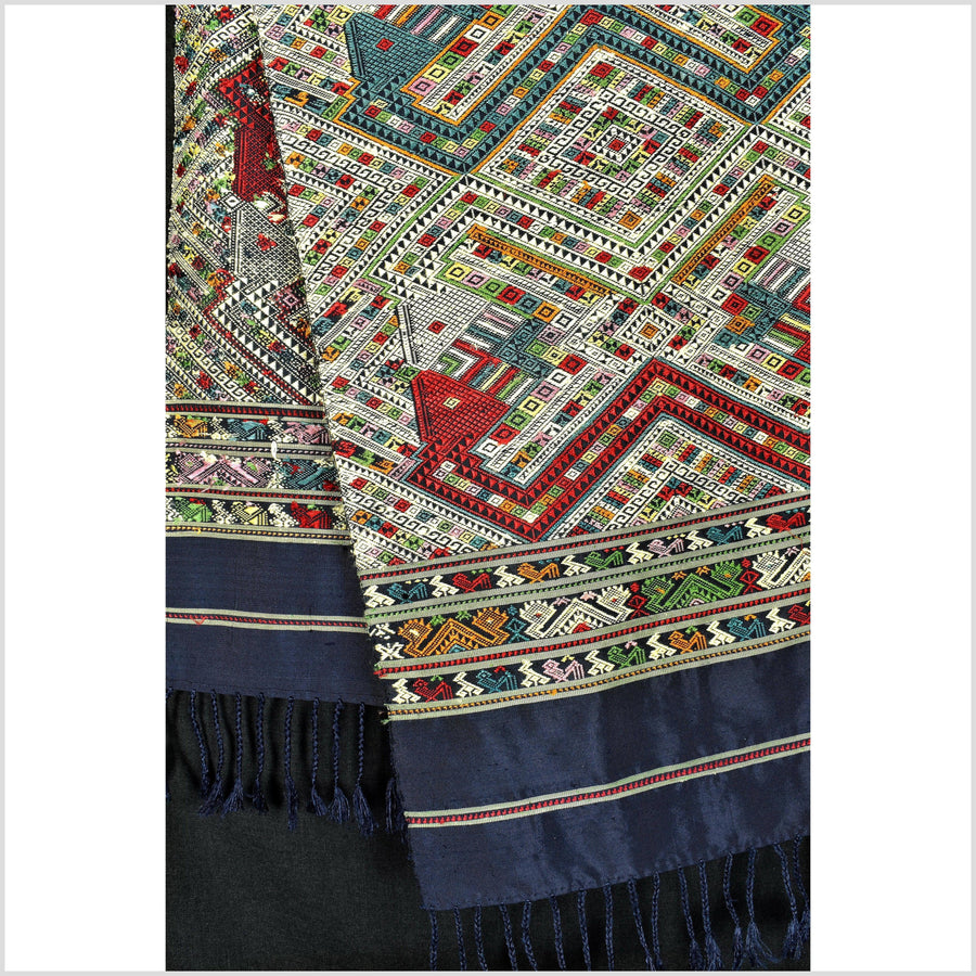 Psychedelic 100% silk runner tapestry Laos Tai Lue boho textile, handwoven and hand spun silk, natural organic dye tribal ethnic decor RB109