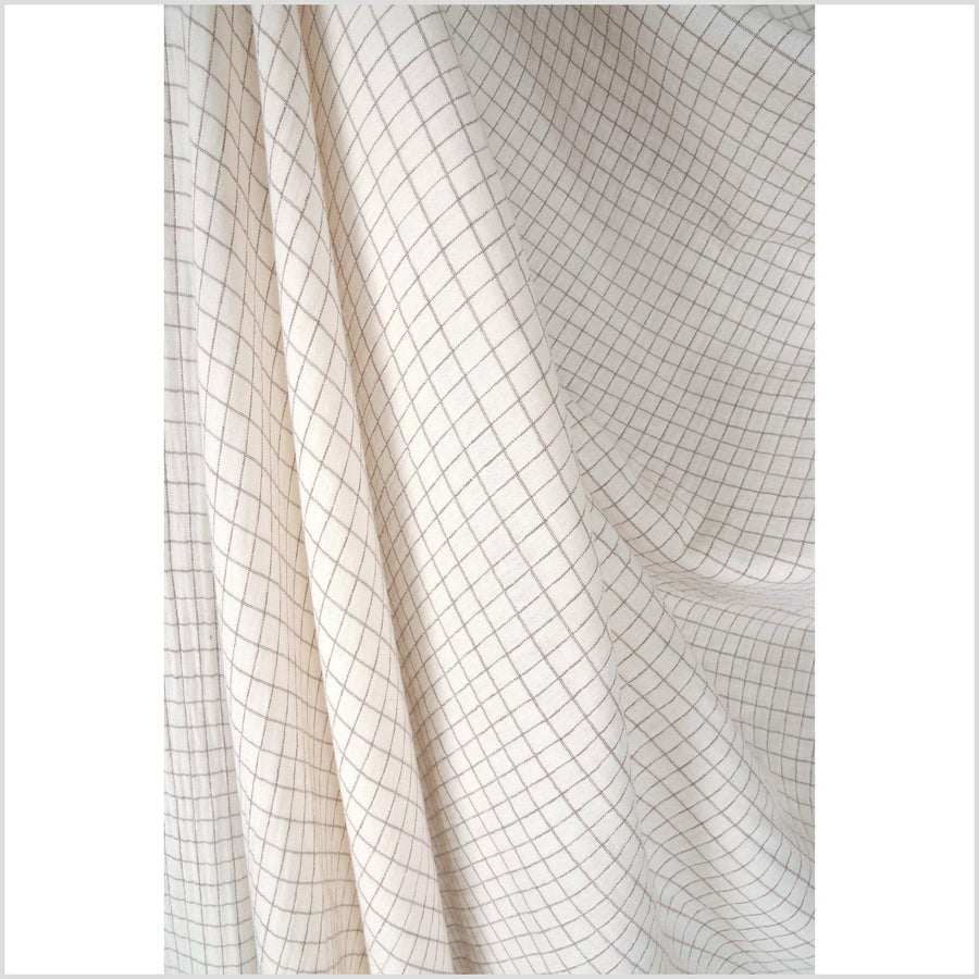 Quilted, soft cotton fabric, neutral off-white with brown grid pattern, flannel hand feel, Thailand craft supply PHA35