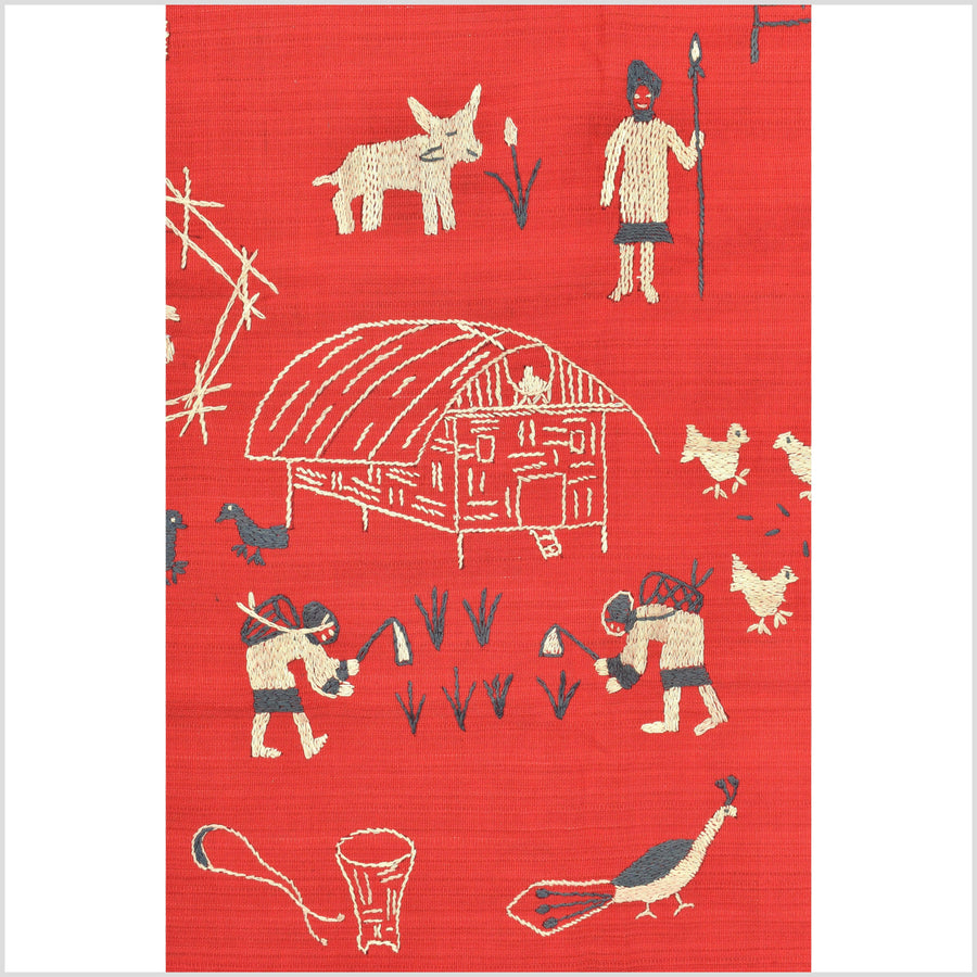 Red gray beige Naga tribal textile cotton story quilt, animals, chief's hut, totems, boho hilltribe tapestry Thailand India OB113
