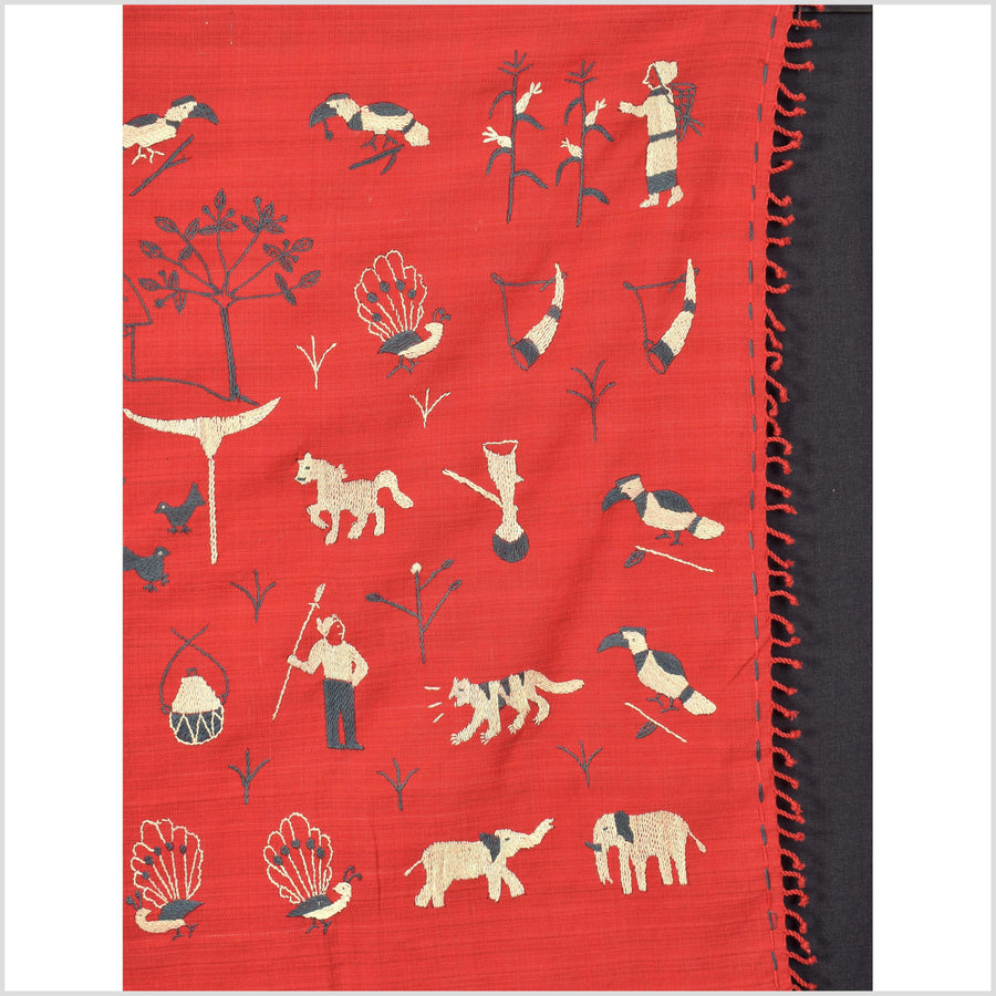 Red gray beige Naga tribal textile cotton story quilt, animals, chief's hut, totems, boho hilltribe tapestry Thailand India OB113