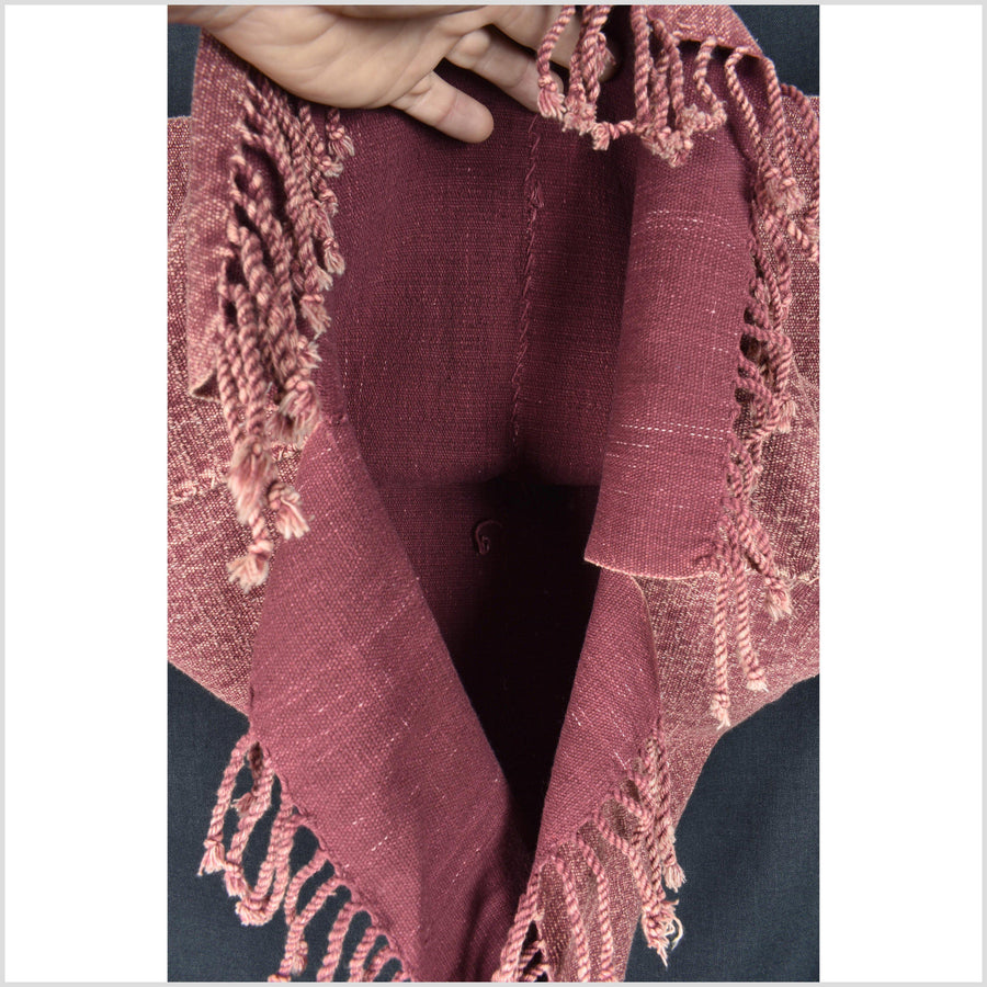 Red gray natural organic dye cotton, handwoven tribal textile, Karen Hmong fabric, Thai bohemian throw PO27