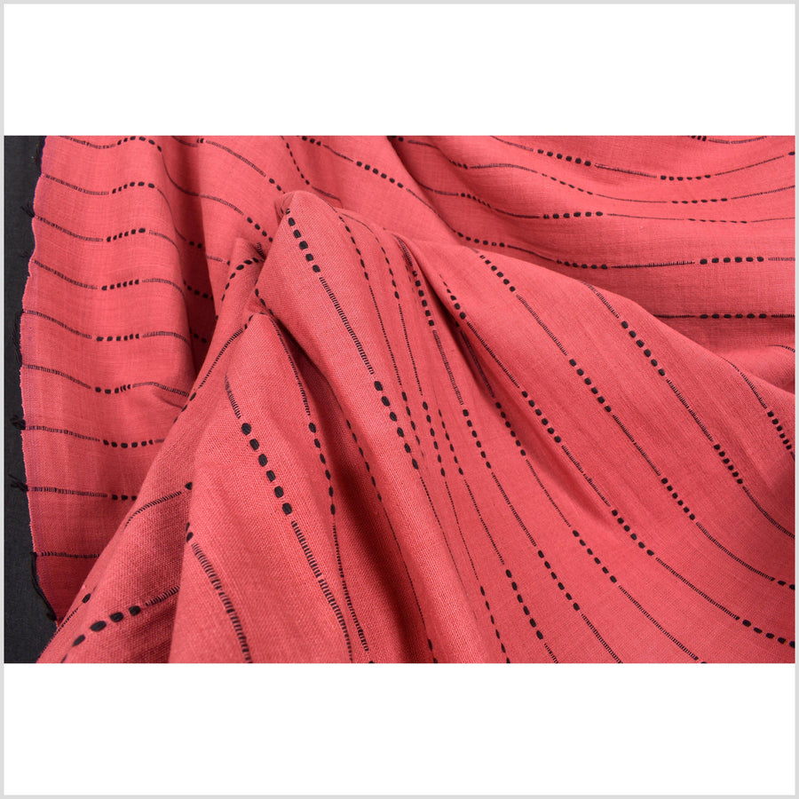 Red handwoven cotton fabric with woven black striping, medium-weight, simple weave, sold by the yard PHA145