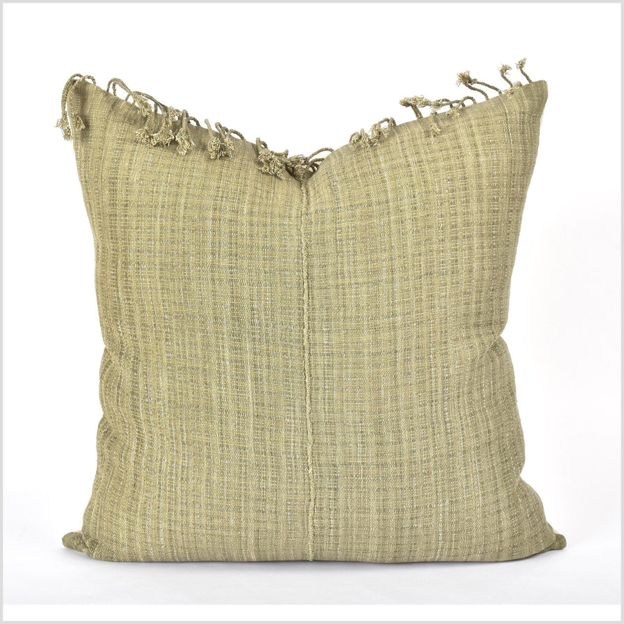Sage green olive tribal 22 in. square pillow, handwoven cotton, ethnic solid cushion, Hmong neutral, natural organic dye VV91
