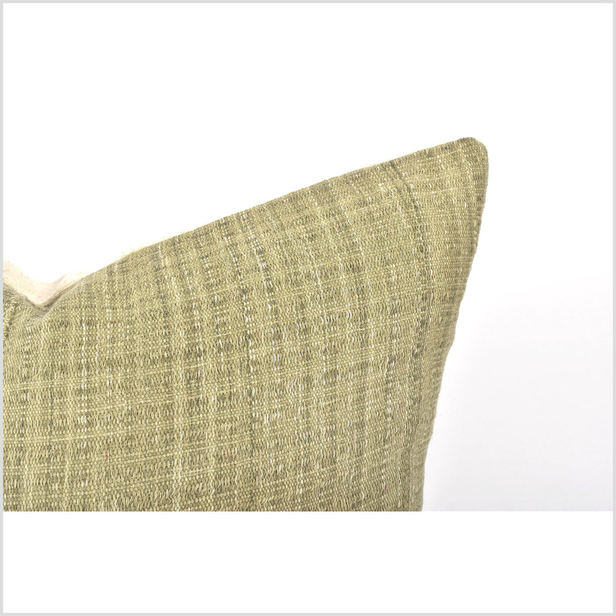 Sage green olive tribal 22 in. square pillow, handwoven cotton, ethnic solid cushion, Hmong neutral, natural organic dye VV92