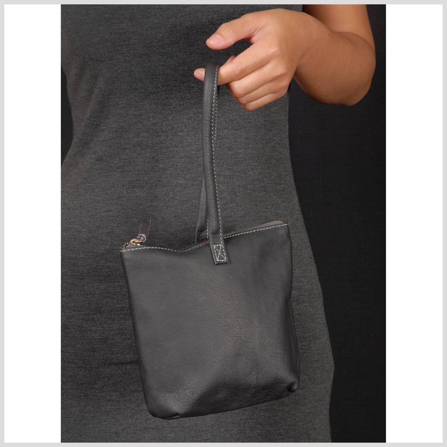 Small leather handbag soft gray leather purse woman's mini cell phone bag pocket zipper top cotton lining dark grey leather clutch wallet
