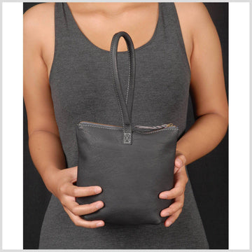 Small leather handbag soft gray leather purse woman's mini cell phone bag pocket zipper top cotton lining dark grey leather clutch wallet