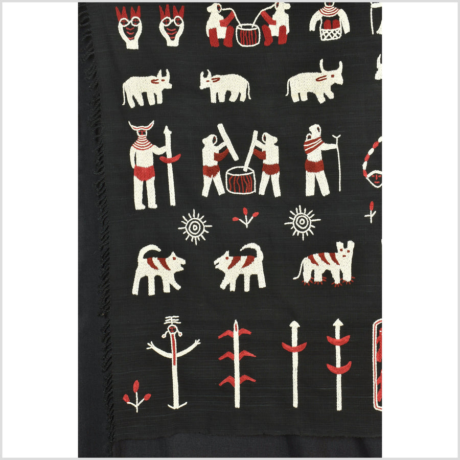 Smokey black and all white Naga tribal textile cotton story quilt, animals, chief's hut, totems, boho hilltribe tapestry Thailand India RB60
