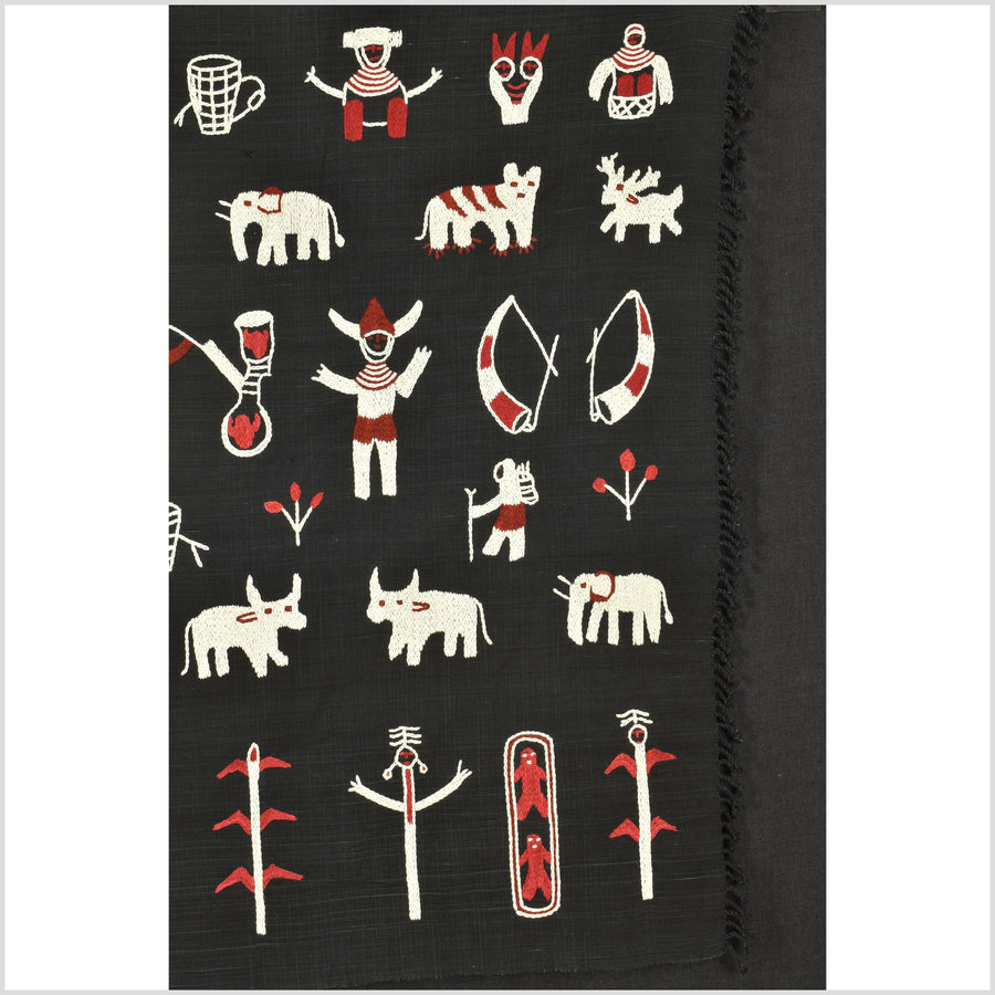 Smokey black and all white Naga tribal textile cotton story quilt, animals, chief's hut, totems, boho hilltribe tapestry Thailand India RB60