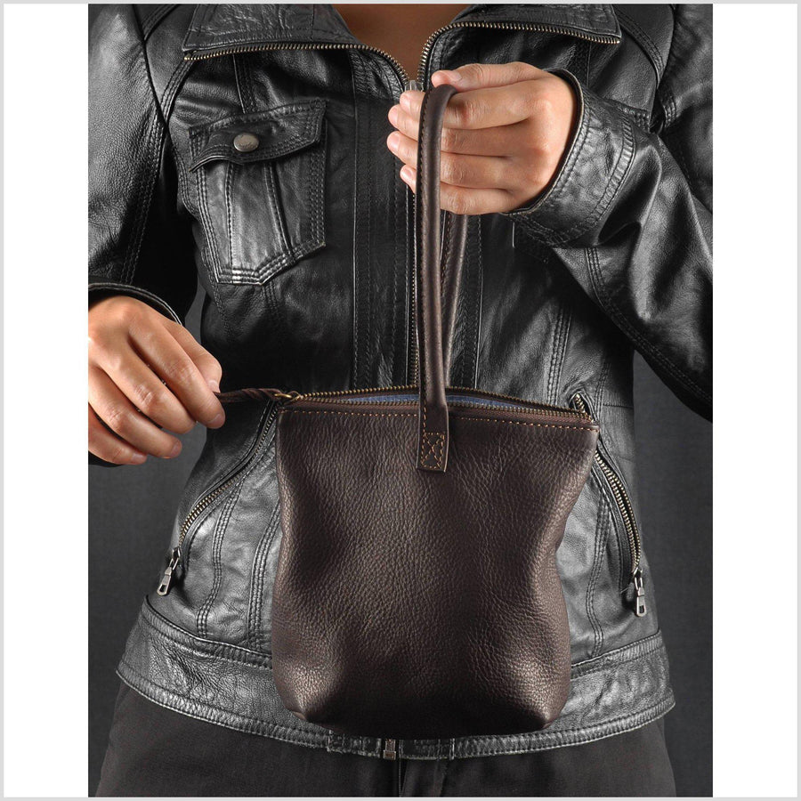 Soft leather wrist bag dark brown leather clutch small leather hand bag, zipper top with cotton lining and cell phone pocket coin bag clutch