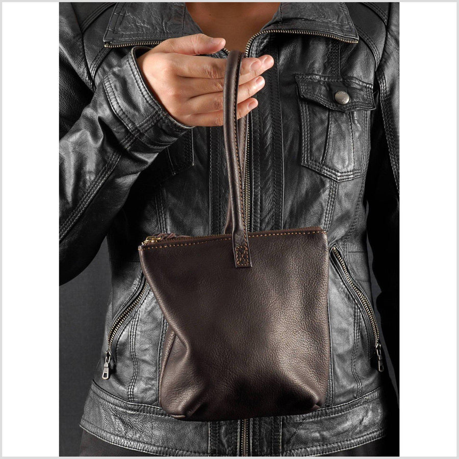 Soft leather wrist bag dark brown leather clutch small leather hand ba –  Water Air Industry
