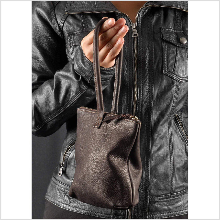 Soft leather wrist bag dark brown leather clutch small leather hand bag, zipper top with cotton lining and cell phone pocket coin bag clutch