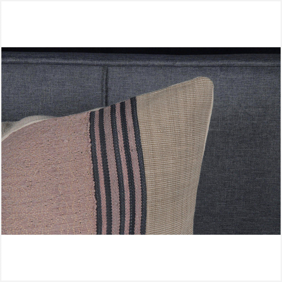Soft rose, beige, and black 20 in x 19 in Naga pillow, ethnic home decor handwoven cotton cushion BN44