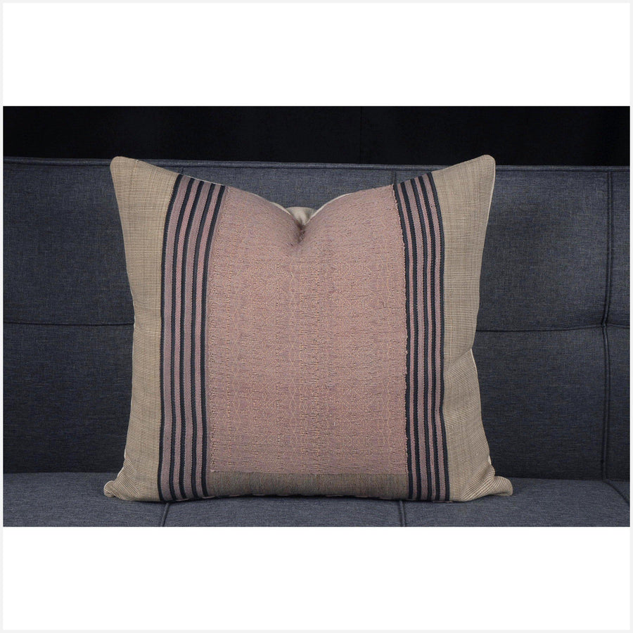 Soft rose, beige, and black 20 in x 19 in Naga pillow, ethnic home decor handwoven cotton cushion BN44