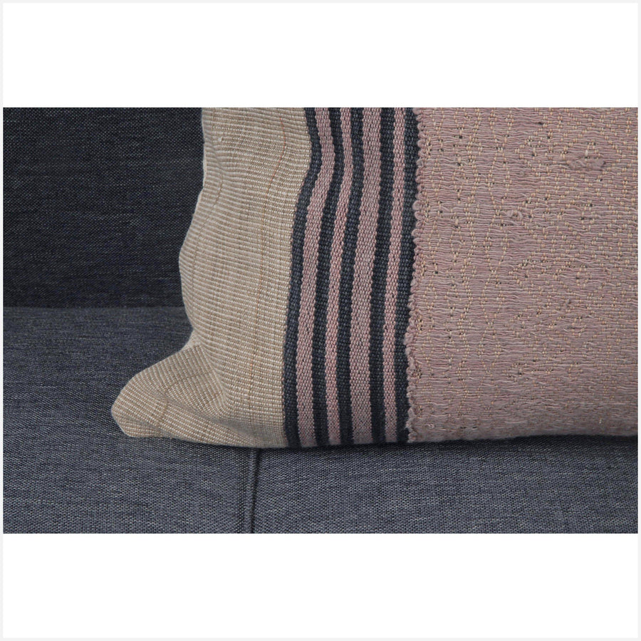 Soft rose, beige, and black 20 in x 19 in Naga pillow, ethnic home decor handwoven cotton cushion BN45