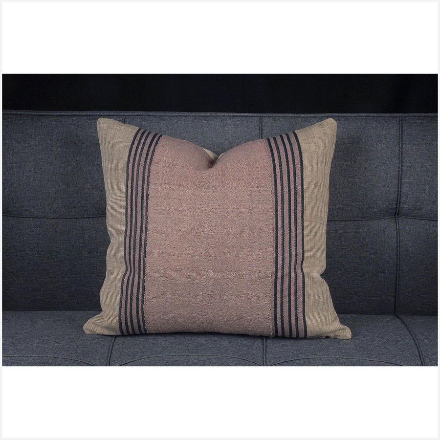 Soft rose, beige, and black 20 in x 19 in Naga pillow, ethnic home decor handwoven cotton cushion BN45