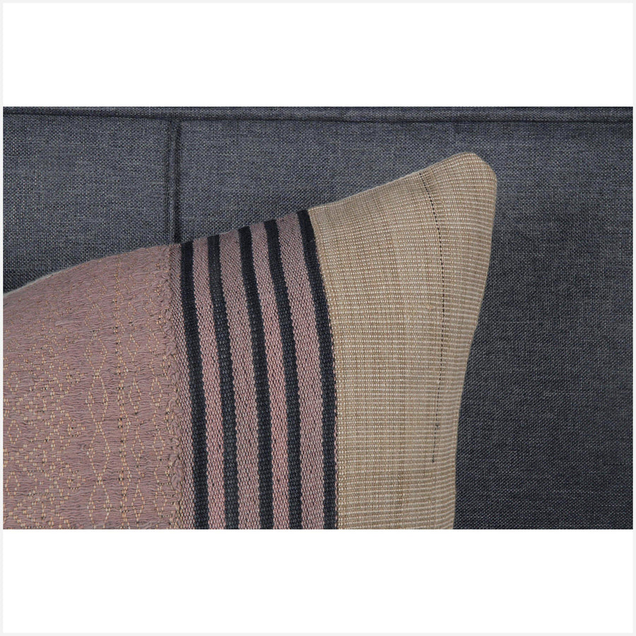 Soft rose, beige, and black 20 in x 19 in Naga pillow, ethnic home decor handwoven cotton cushion BN46