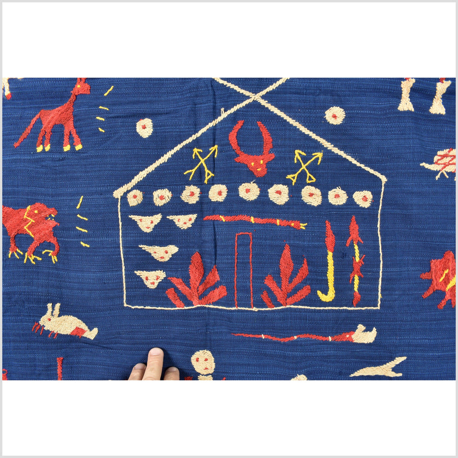 Striking cobalt blue Naga tribal textile cotton story quilt jungle hut embroidered boho Burma hill tribe tapestry Thailand India RB24