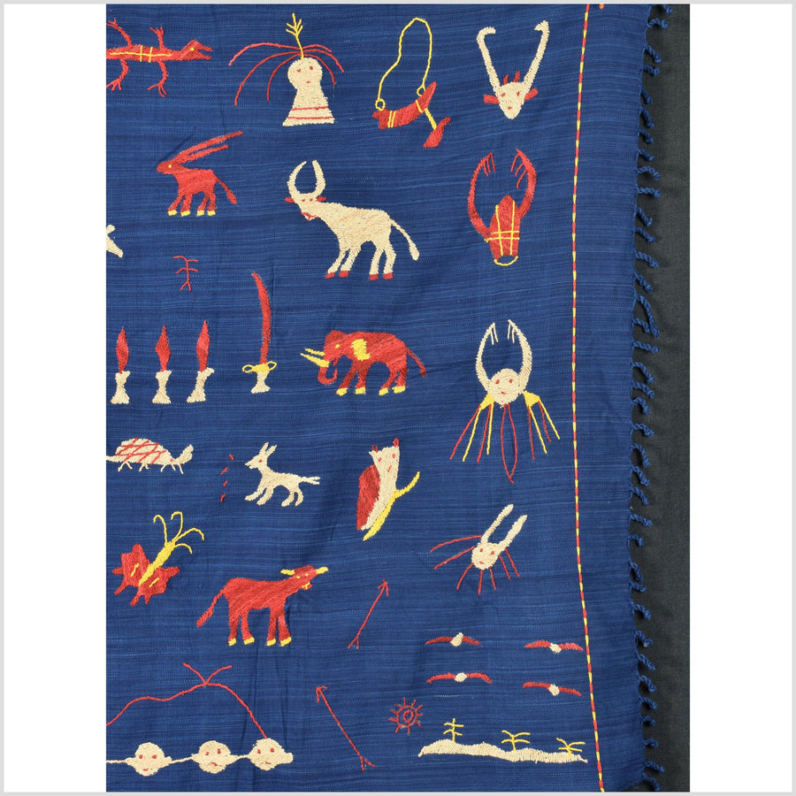 Striking cobalt blue Naga tribal textile cotton story quilt jungle hut embroidered boho Burma hill tribe tapestry Thailand India RB24
