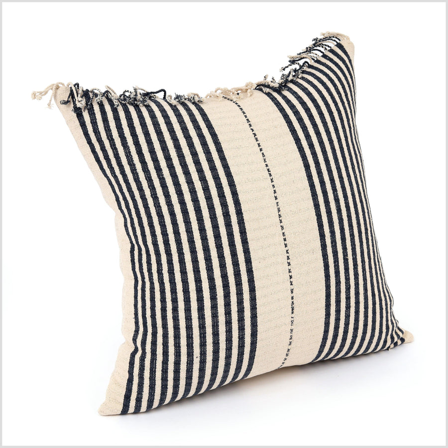 Stripe minimalist pillow, Hmong tribal 22 inch square cushion, handwoven farmhouse cotton, neutral warm beige black natural organic dye YY62