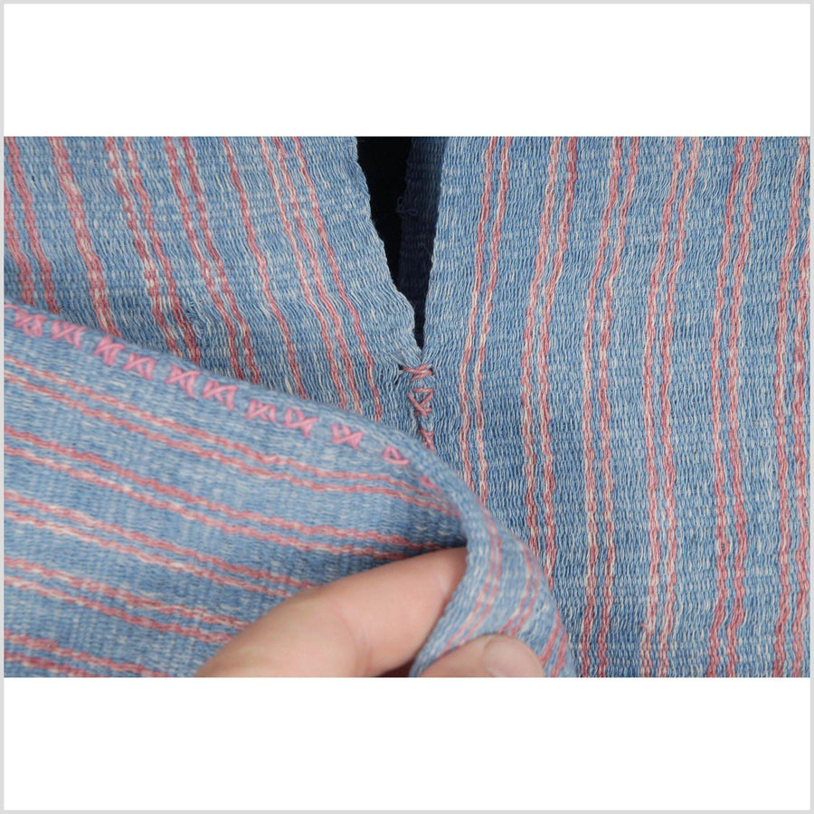Stripe textile natural boho fabric Karen ethnic cotton shirt tribal tunic blue pink tunic tassel handmade minority Hmong throw cloth 37 WE37