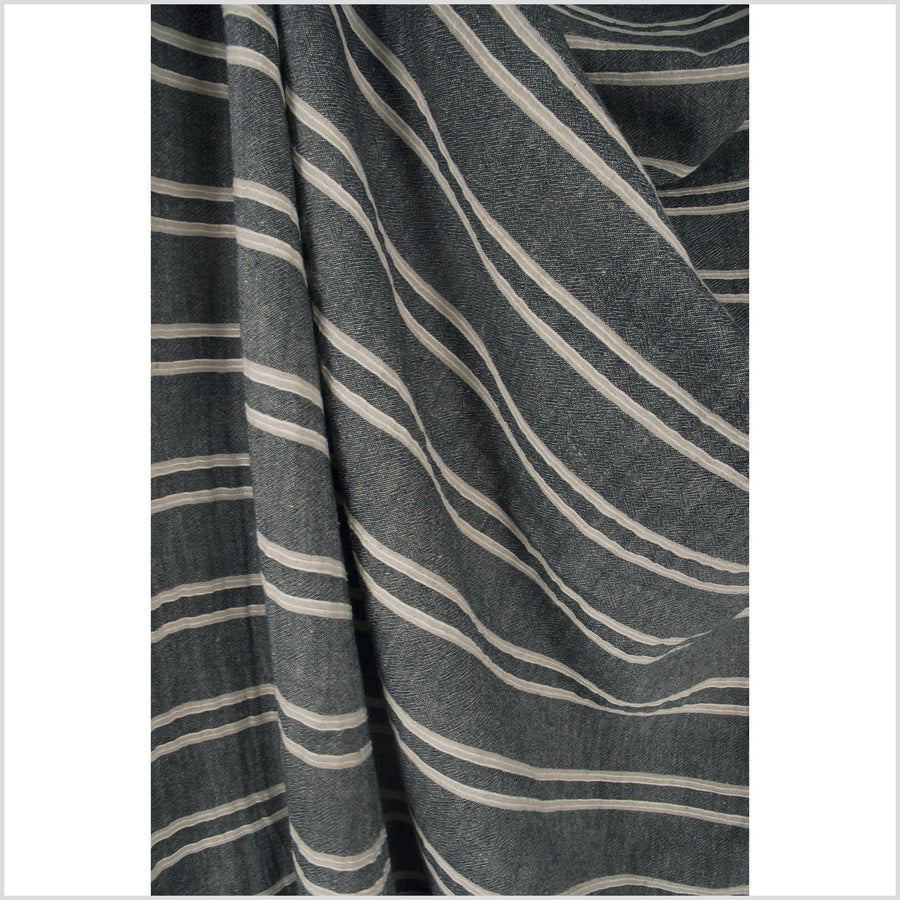 Striped cotton and linen fabric, cream and black with horizontal woven beige/cream raised stripes, Thailand woven craft, sold by the yard PHA7