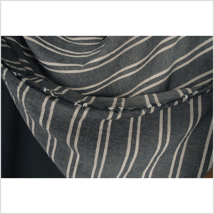Striped cotton and linen fabric, cream and black with horizontal woven beige/cream raised stripes, Thailand woven craft, sold by the yard PHA7