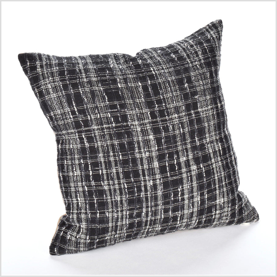 Striped ethnic boho pillow, Hmong hilltribe bohemian 15 in. square cushion, handwoven cotton, neutral black gray white natural organic dye LL3