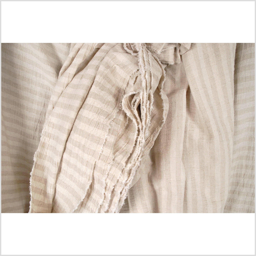 Striped neutral cotton and linen crepe fabric, horizontal cream and beige banding, by the yard PHA22