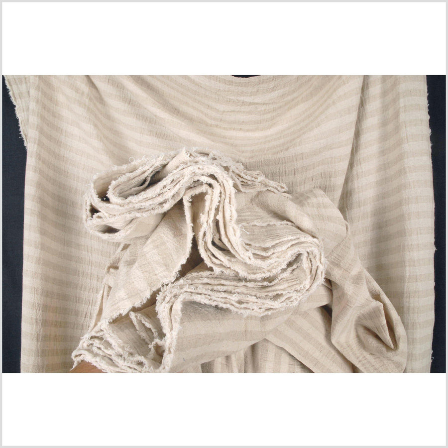 Striped neutral cotton and linen crepe fabric, horizontal cream and beige banding, by the yard PHA22