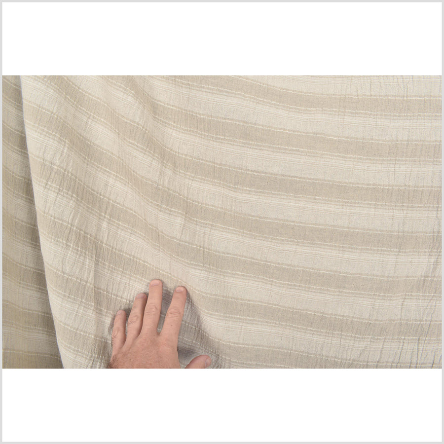 Striped neutral hemp and linen crepe fabric, horizontal cream and beige banding, by the yard PHA71
