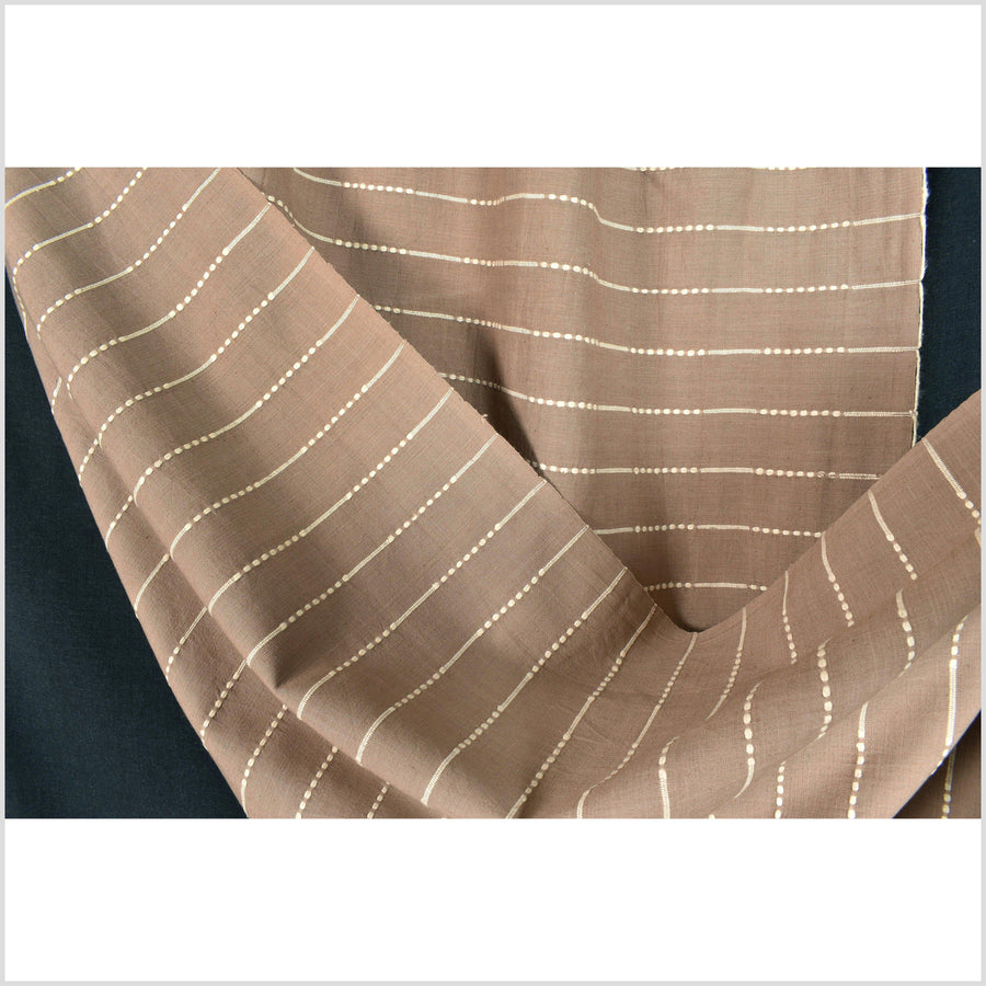 Striped tawny and tan, soft brown, handwoven cotton fabric with woven off-white striping, light/medium-weight, fabric by the yard PHA222
