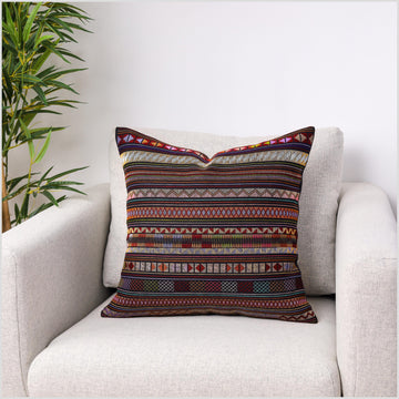 Stunning tribal ethnic Akha pillow, hand embroider traditional textile, 18 inch cushion, fair trade purple pink green violet red orange YY17