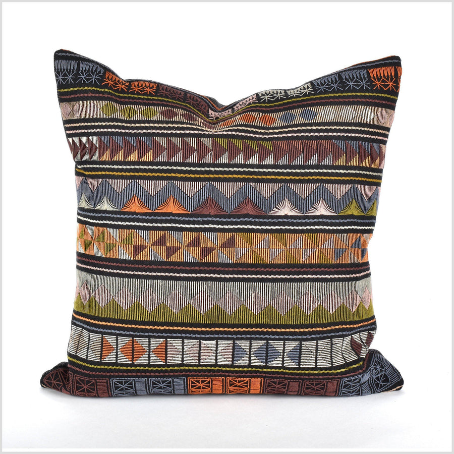 Stunning tribal ethnic Akha pillow, hand embroidered traditional textile, 17 in. square cushion, fair trade, purple, pink, green, orange, yellow, black AK8