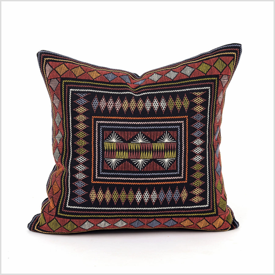 Stunning tribal ethnic Akha pillow, hand embroidered traditional textile, 17 inch cushion, fair trade white blue gold green red orange YY19