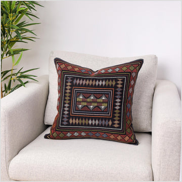 Stunning tribal ethnic Akha pillow, hand embroidered traditional textile, 17 inch cushion, fair trade white blue gold green red orange YY19