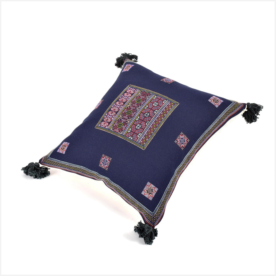 Stunning tribal ethnic Akha pillow, hand embroidered traditional textile, 18 in. square cushion, fair trade purple, pink, green, blue, rose KK94