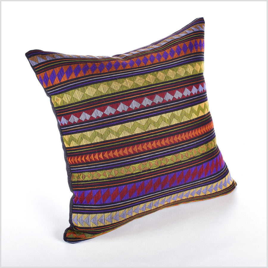 Stunning tribal ethnic Akha pillow, hand embroidered traditional textile, 18 in. square cushion, fair trade, purple, pink, green, orange, yellow, black AK1