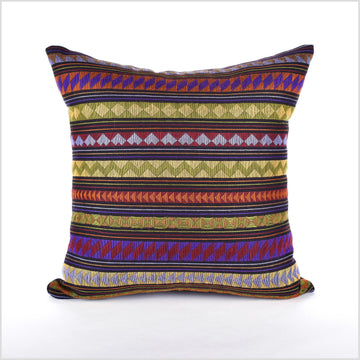 Stunning tribal ethnic Akha pillow, hand embroidered traditional textile, 18 in. square cushion, fair trade, purple, pink, green, orange, yellow, black AK1