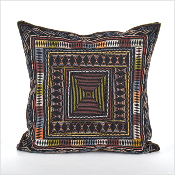Stunning tribal ethnic Akha pillow, hand embroidered traditional textile, 18 in. square cushion, fair trade, purple, pink, green, orange, yellow, black AK3