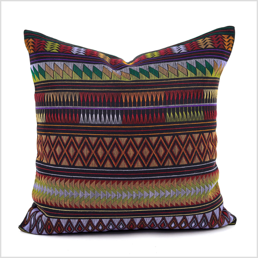 Stunning tribal ethnic Akha pillow, hand embroidered traditional textile, 18 inch cushion, fair trade purple gold green red orange YY22