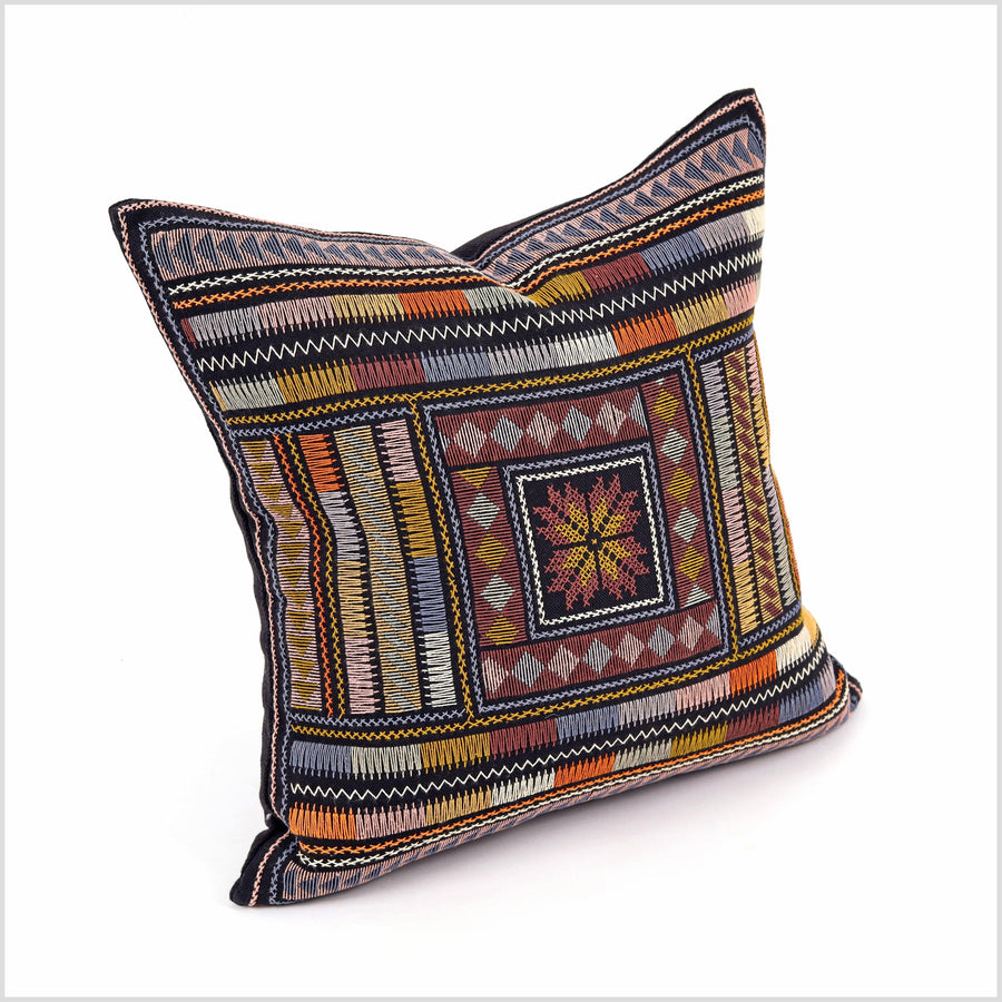 Stunning tribal ethnic Akha pillow, hand embroidered traditional textile, 18 inch cushion, fair trade white blue gold green red orange YY18