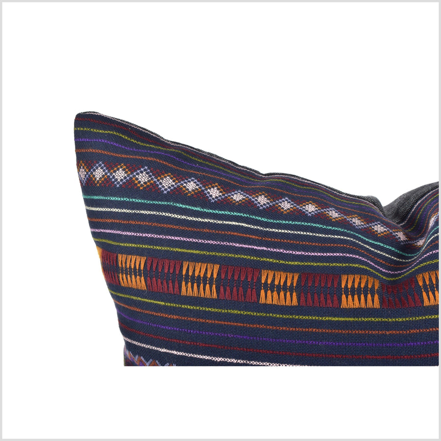 Stunning tribal ethnic Akha pillow, hand embroidered traditional textile, 19 in. square cushion, fair trade, purple, pink, green, orange, yellow, black, white AK2