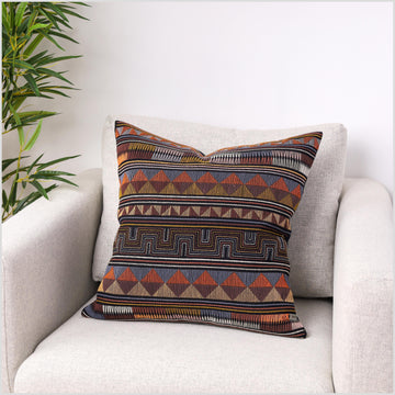 Stunning tribal ethnic Akha pillow, hand embroidered traditional textile, 19 inch cushion, fair trade orange black green blue mauve YY23