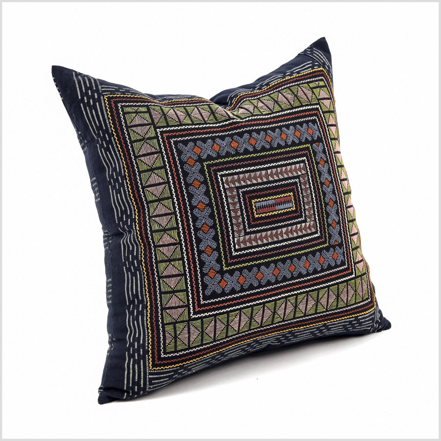 Stunning tribal ethnic Akha pillow, hand embroidered traditional textile, 22 inch cushion, fair trade purple pink green blue rose YY3