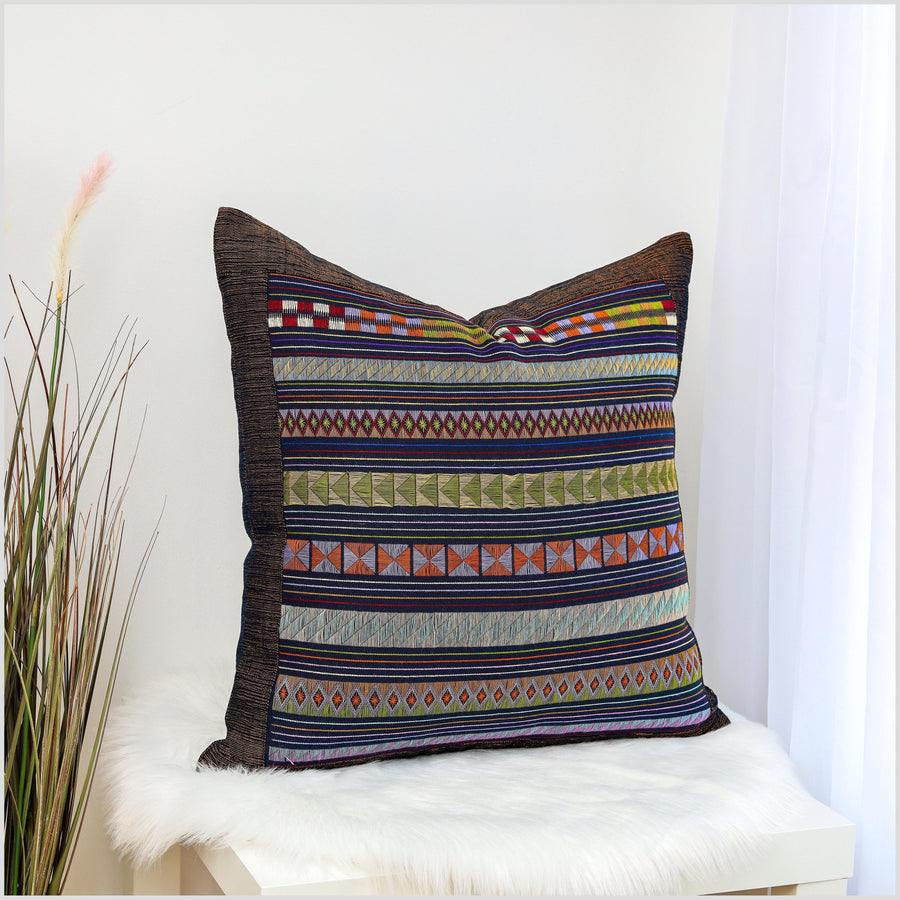 Stunning tribal ethnic Akha pillow, hand embroidered traditional textile, 22 inch cushion, fair trade purple pink green blue rose YY4