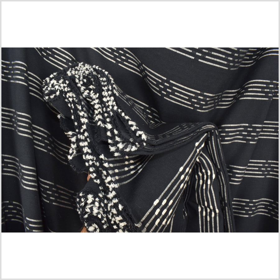 Super black cotton fabric with woven white striping, light to medium-weight, plain weave, per yard PHA73
