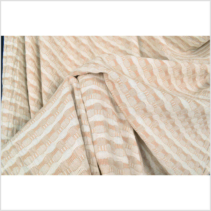 Tan and neutral unbleached off-white 100% cotton crepe fabric, circle and stripe woven pattern, per yard PHA85