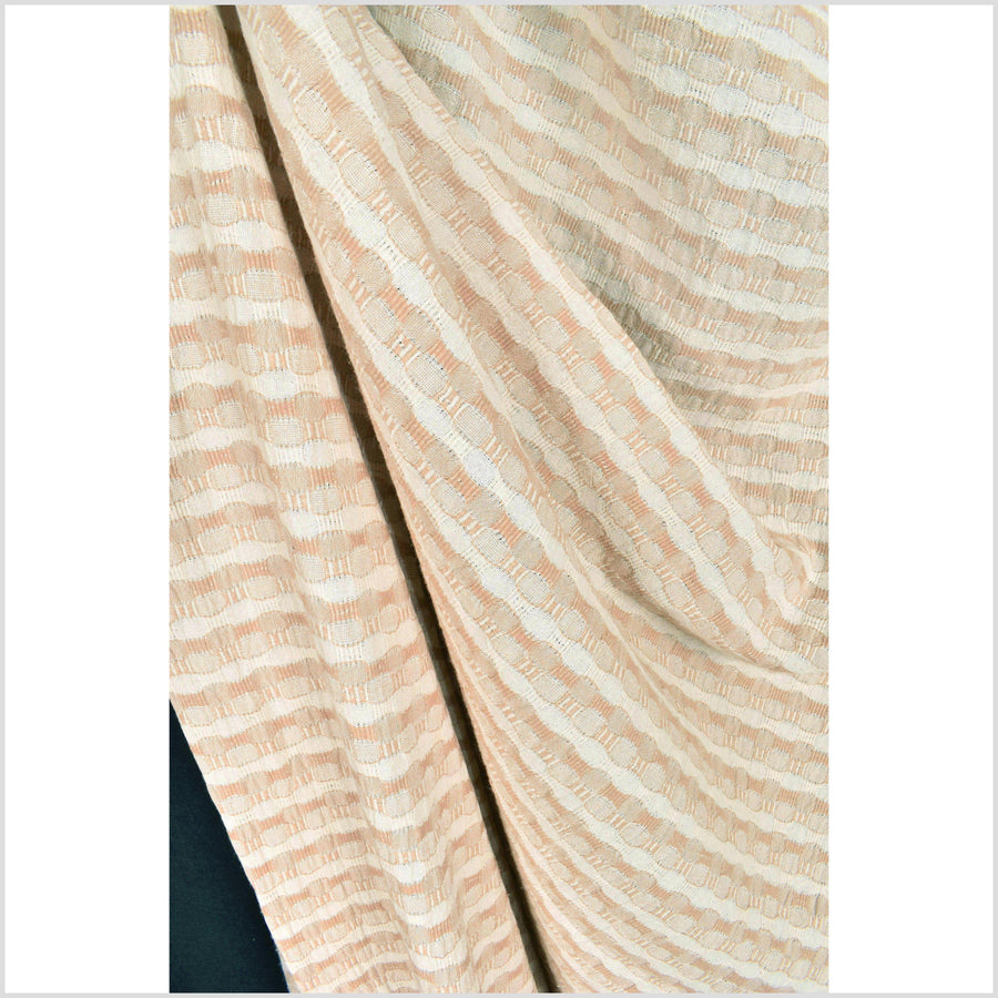 Tan and neutral unbleached off-white 100% cotton crepe fabric, circle and stripe woven pattern, per yard PHA85