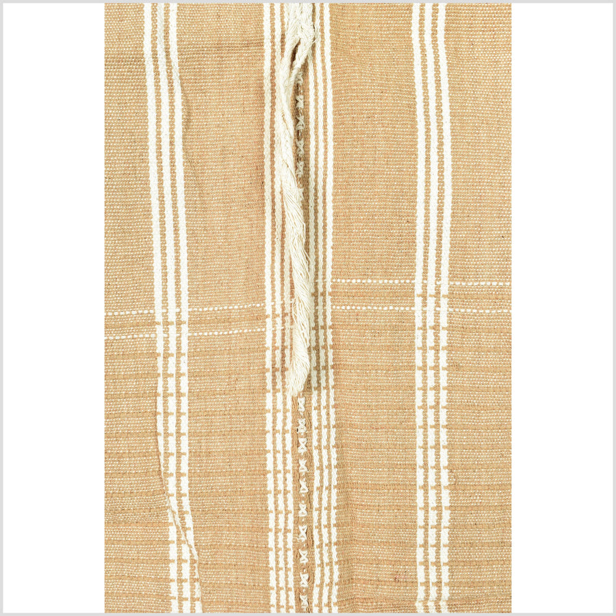 Tan camel warm off-white, handwoven tribal textile, Karen Hmong textured striped cotton fabric, Thai neutral tunic runner, ethnic decor RN27
